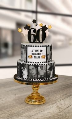 a 50th birthday cake decorated with photos and stars