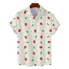 Strawberry Clothing, Fruit Costumes, Strawberry Shirt, Printed Shirts Men, Hawaiian Shirt Women, Button Down Short Sleeve, Pattern Shirt, Strawberry Print, Men Beach