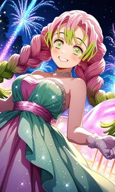 an anime character with pink hair and green eyes, wearing a purple dress in front of fireworks