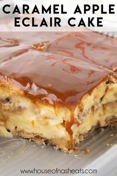 caramel apple eclair cake on a plate with text overlay that reads, how to make caramel apple eclair cake