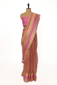 Pink saree with zari, floral handwoven motifs and tassel border. Comes with unstitched blouse piece. - Aza Fashions Cotton Silk Traditional Wear With Zari Weaving For Reception, Slub Silk Traditional Wear With Zari Weaving For Reception, Festive Slub Silk Blouse Piece For Reception, Elegant Handloom Saree For Reception, Cotton Silk Saree With Self Design For Reception, Reception Cotton Silk Saree With Self Design, Handloom Dupatta For Reception With Traditional Drape, Bollywood Style Handloom Saree For Reception, Fitted Slub Silk Pre-draped Saree For Puja