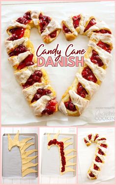 candy cane danish with cream and strawberries in the shape of a heart