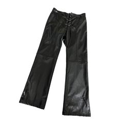 EB Denim Faux Leather Lace Up Pants in BlackSize XLColor BlackPreloved**The pants had a small tear in the crotch area, but it was professionally repaired.Approx. Measurements Inseam 31.5" Rise 12.5"Waist 17"Website DetailsFace: 100% polyurethaneBack: 100% polyMade in USAWipe cleanFront lace-up closureBack patch pocketsFaux leatherItem not sold as a set14" at the knee breaks to 15" at the leg openingRevolve Style No. EBDR-WP1Manufacturer Style No. LACEUPS Faux Leather Straight Leg Bottoms For Streetwear, Faux Leather Wide Leg Bottoms For Streetwear, Wide Leg Faux Leather Bottoms For Streetwear, High-waisted Leather Pants For Streetwear, Edgy High Waist Leather Bottoms, Chic Leather Bottoms For Streetwear, Chic Leather Pants For Streetwear, High Waist Leather Pants For Streetwear, High Waist Leather Bottoms For Streetwear