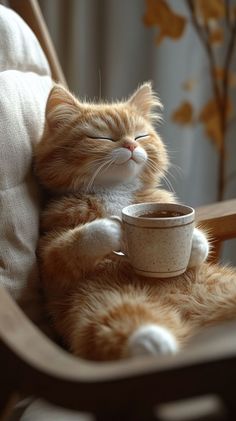 an orange and white cat sitting in a chair holding a coffee cup with its paws