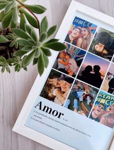 a magazine with pictures of people on it and a potted plant next to it