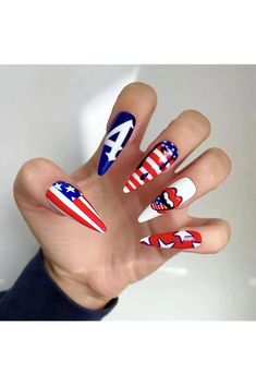 4th of July Press on Nails Long Almond Shape False Nails with Flaming Lips Designs Fake Nails Independence Day Glue on Nails American Flag Stick on Nails Full Cover Acrylic Artificial Nails 24 Pcs 4th Of July Birthday Nails, Press On Nails Long, Flag Dress, Rhinestone Projects