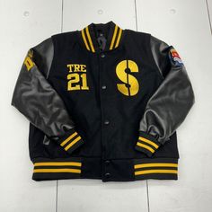 Black Yellow School Letterman Jacket Customize Embroidered, Patches Boys Size Xs New Without Tags See Photos Ls54-24 W9 Kr37 Black Winter Outerwear With Letter Patch, Black Letter Embroidered Outerwear For Streetwear, Black College Outerwear With Letter Patch, Casual Yellow Outerwear With Letter Print, Sporty Varsity Jacket For Streetwear, Black Outerwear With Letter Patch For Streetwear, Black Embroidered Logo Outerwear For Streetwear, Black Streetwear Outerwear With Embroidered Logo, Fall Yellow Letter Print Outerwear