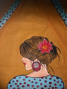 a painting of a woman with a flower in her hair and polka dots on a yellow background