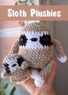 a crocheted stuffed animal with the words sloth plushies written below it