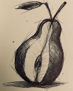 a black and white drawing of an apple with a leaf sticking out of it's side