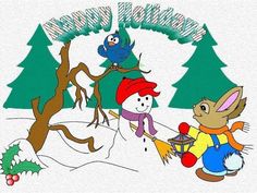 an image of a christmas card with animals and snowman in the woods on it