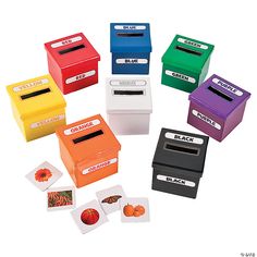 several different colored boxes with matching labels on each side and one has a basketball in the middle