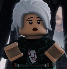 a lego character with white hair and an angry look on his face, standing in the snow