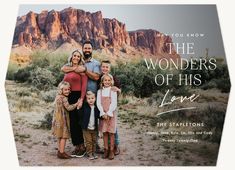 a family photo with the words, the wonders of his love and mountains in the background