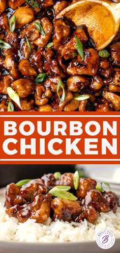 the cover of bourbon chicken on top of rice