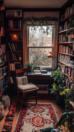 a room filled with lots of books and furniture next to a window covered in plants