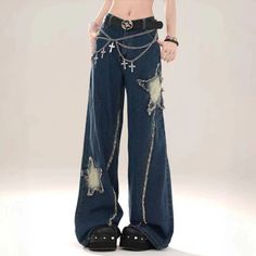 DetailsMaterial: PolyesterClosure Type: Button fly High Waist Baggy Pants, Grunge Goth, Baggy Pants, Patched Jeans, Girls High, Type Of Pants, Denim Trousers, Gyaru, Womens Fall