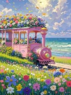 a painting of a pink train with flowers on the side and water in the background