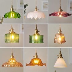 many different colored lights hanging from the ceiling in various shapes and sizes, with one light turned on