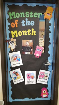 a door decorated with pictures and magnets for the month of the monkey on display