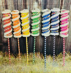 there are many different colored candy sticks in the grass next to each other on this fence