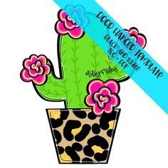 a green cactus with pink flowers in a leopard print flower pot on a white background