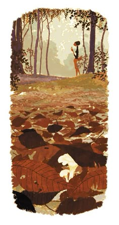 a person standing in the middle of a forest filled with leaves and rocks, looking at a dog