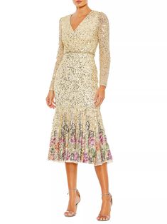 Shop Mac Duggal Sequined Tea-Length Dress | Saks Fifth Avenue Midi Dress Wedding, Midi Dress Wedding Guest, Designer Formal Dresses, Tea Length Dress, Sequin Cocktail Dress, Long Sleeve Sequin, Sophisticated Dress, Midi Cocktail Dress, Mac Duggal