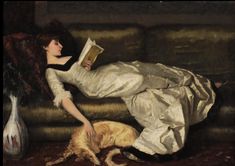 a painting of a woman laying on a couch next to a dog and reading a book