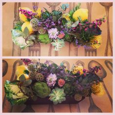 two pictures of flowers and greenery on a table