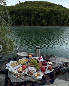 an outdoor picnic with food and drinks on the water's edge next to a lake