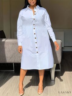 Lasaky - Womens Button-Front Shirt Dress: Elegant Solid Long Sleeve Midi Dress for Casual Wear Kumasi Ghana, Elegant Shirt Dress, Shirt Collar Styles, Accra Ghana, Mid Calf Skirt, Linen Shirt Dress, Perfect Prom Dress, Solid Color Shirt, Long Shirt Dress