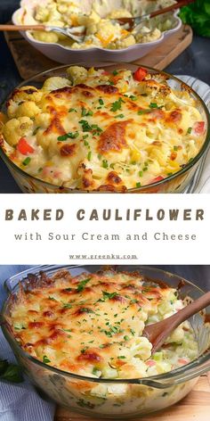 baked cauliflower casserole with sour cream and cheese in a glass dish