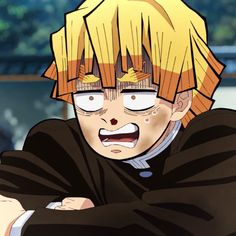 an anime character with yellow hair and black clothes is looking at the camera while holding his arms crossed