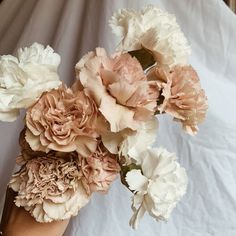 a woman's hand holding a bouquet of pink and white flowers on a white sheet