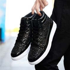 Category:Sneakers; Upper Materials:PU; Lining Materials:PU; Embellishment:Sparkling Glitter; Season:Spring,Fall; Inner Height Increasing:0.39; Gender:Men's; Range:EU40; Activity:Walking; Toe Shape:Round Toe; Style:Sporty,Casual; Outsole Materials:Rubber; Occasion:Outdoor,Daily; Closure Type:Lace-up; Function:Wear Proof; Pattern:Glow in the Dark; Insole Materials:PU; Shipping Weight:0.791; Listing Date:11/08/2017; 2024 Trends:Skate Shoes,High Top Sneakers; Foot Length:; SizeChart1_ID:2:422450; Si Sequin Shoes, Comfortable Mens Shoes, Men's High Top Sneakers, Streetwear Shoes, Mens Skate Shoes, Ankle Shoes, Glitter Sneakers, Sporty Casual, Mens High Tops