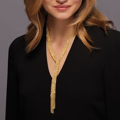 Ross-Simons - Italian 18kt Gold Over Sterling Silver Mesh Tie Necklace. 32". Exceptionally silky 18kt gold over sterling chains are hand-woven like a scarf. Wear this clever mesh tied as a necklace or wrapped into a unique bracelet. It's so soft and touchable, you won't believe it's not silk. 32" long including the fringe trim. 1/2" wide. Made in Italy. Clasp-free, 18kt yellow gold over sterling silver necklace. Sterling Chains, Beaded Gold Necklace, Chic Office Wear, Italian Chic, Tie Necklace, Chic Office, Unique Bracelets, Gold Accessories, Fringe Trim