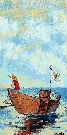 a painting of a man in a boat on the water with a flag flying above him