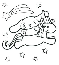 a black and white drawing of two unicorns flying in the sky with stars around them