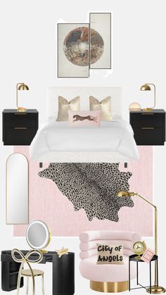 a pink and black bedroom with gold accents