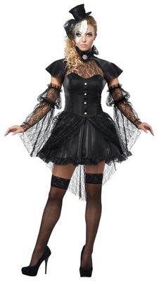 You'll be an absolute doll in this Victorian-inspired costume! This stunning doll ensemble features a flirty black dress with delicate front button details and sweet ruffles. Sheer, black lace sleeves and a mini hat will make you look like you belong on a shelf alongside porcelain dolls. Includes: Dress Sleeves Half mask Mini top hat Cameo pin Zipper closure Material: Polyester Care: Spot clean Imported Note: Stockings sold separately Victorian Doll Costume, Broken Doll Costume, Woman Mask, Gothic Party, California Costumes, Elegant Black Dress, Victorian Dolls, Black Dress With Sleeves, Halloween Fancy Dress