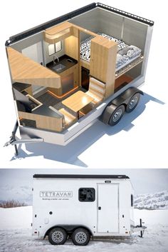 the interior and exterior of a mobile home on wheels, with an open floor plan