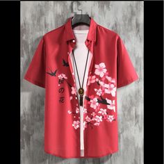 Men Xxl Short Sleeve Japanese Letter Floral Button Down Red Red Button Closure Shirt For Spring, Red Button-closure Shirt For Spring, Japanese Letter, Button Down Polo, American Eagle Shirt, Wrangler Shirts, Eagle Shirts, Button Up Shirt Mens, Button Down Shirt Mens