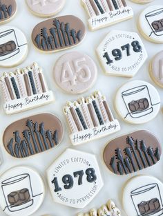 Neutral, birthday cookies, decorated cookies, aged to perfection Decorated Birthday Cookies, Interesting Cookies, Vintage Oven, Custom Sugar Cookies, Vintage Birthday Parties, 46th Birthday