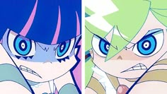 two anime characters with blue eyes and pink hair, one is staring at the camera