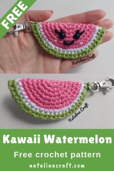 a crocheted watermelon keychain is shown with the words kawaii watermelon free crochet pattern