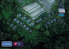 an aerial view of a resort surrounded by trees