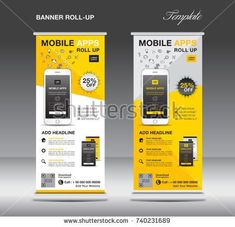 yellow roll up banner template with mobile phone on the front and back side, for advertising purposes