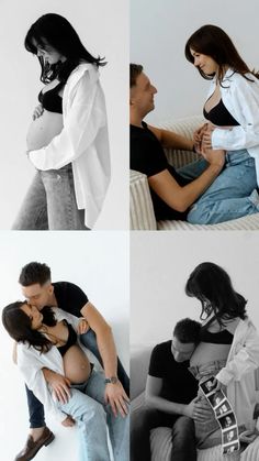 four different shots of people sitting on a couch and one is kissing the other man