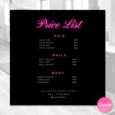 Graphic Designer Price List Design, Price List Poster Design, Make Up Price List Design, Makeup Price List Template, Pink Price List Template, Salon Price List, Price List Template, Nail Prices, Price List